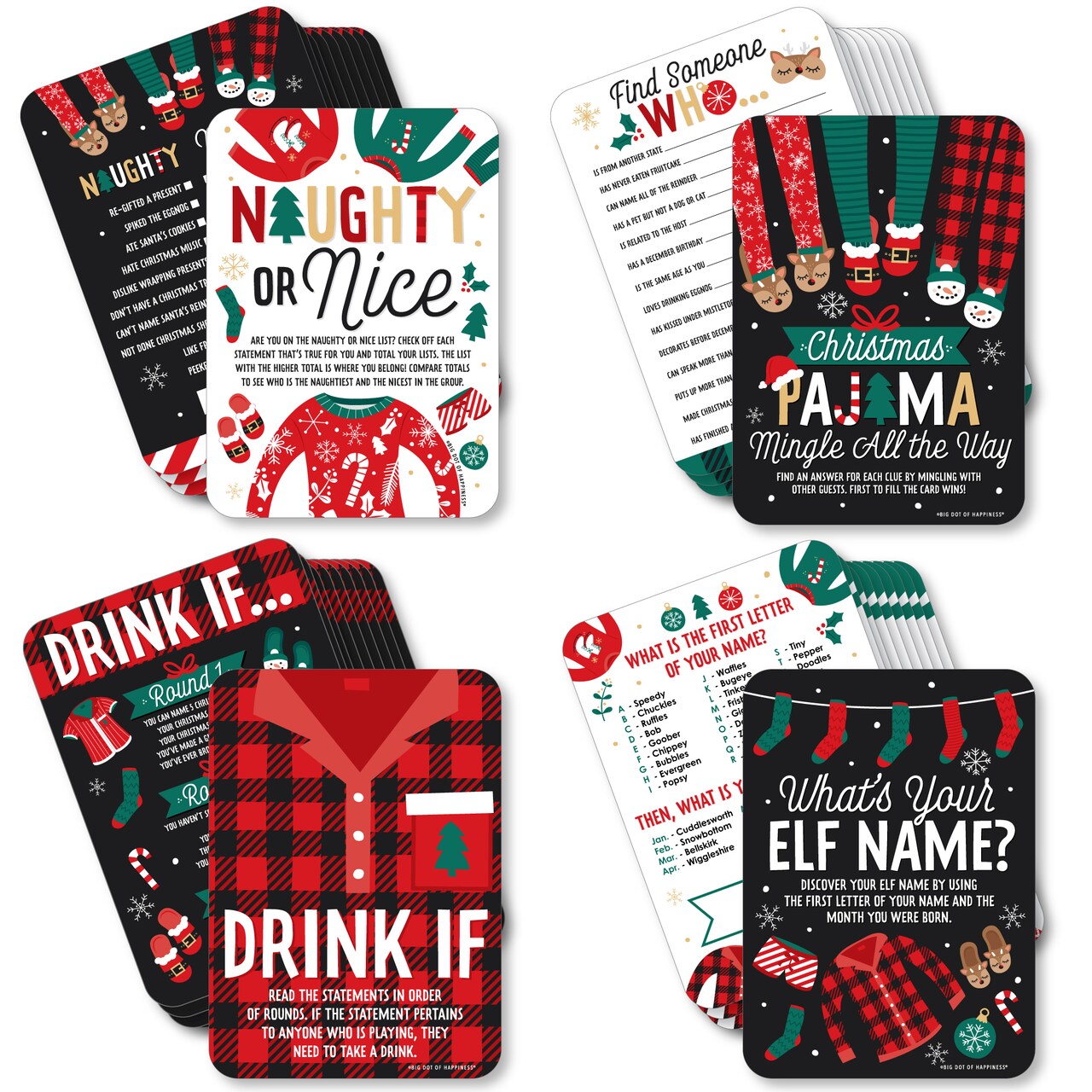 Big Dot of Happiness Christmas Pajamas - 4 Holiday Plaid PJ Party Games - 10 Cards Each - Gamerific Bundle